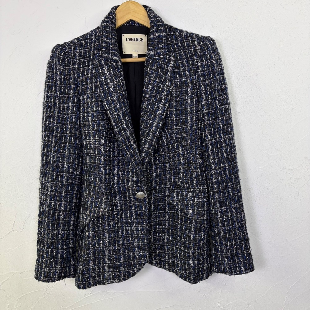 L'AGENCE Tweed Chamberlain Blazer Women 2 Blue Black Metallic One Button Chic